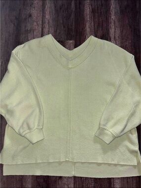 Aerie Oversized Waffle Knit V-Neck Sweatshirt Light Lime Yellow XL